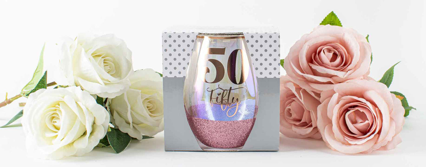 50 GLITTER STEMLESS WINE GLASS - PINK - 600ml
