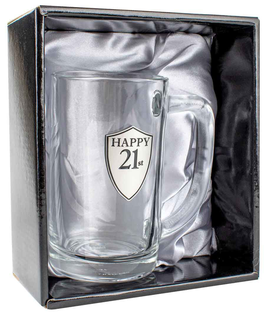 21st Glass Beer Stein - Pewter Look Badge - 500ml