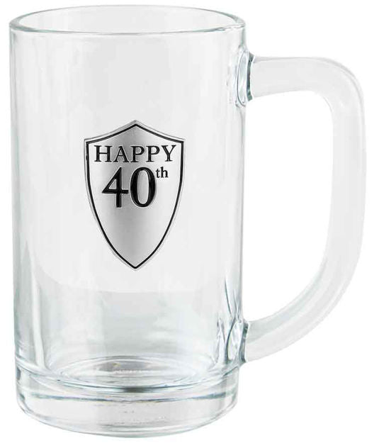40th Glass Beer Stein - Pewter Look Badge - 500ml