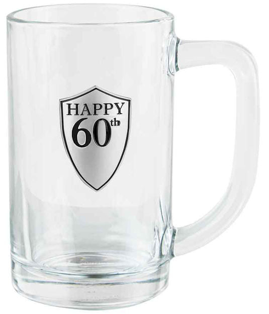 60th Glass Beer Stein - Pewter Look Badge - 500ml