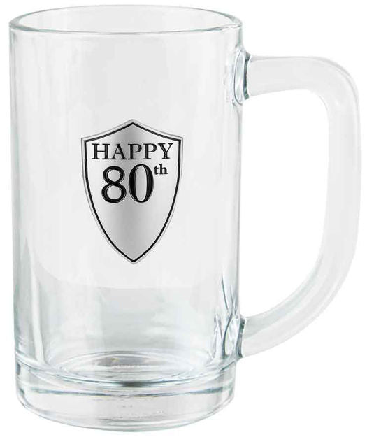 80th Glass Beer Stein - Pewter Look Badge - 500ml