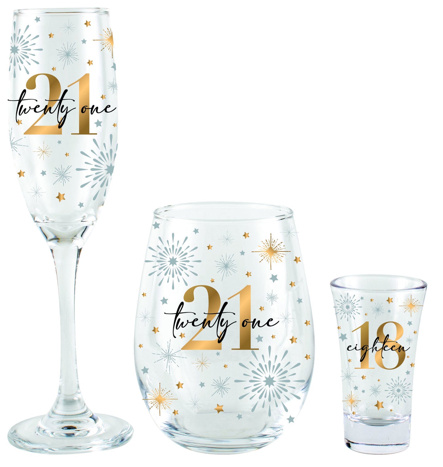 21st Champagne Stemless Wine Glass Shot 3pc Set