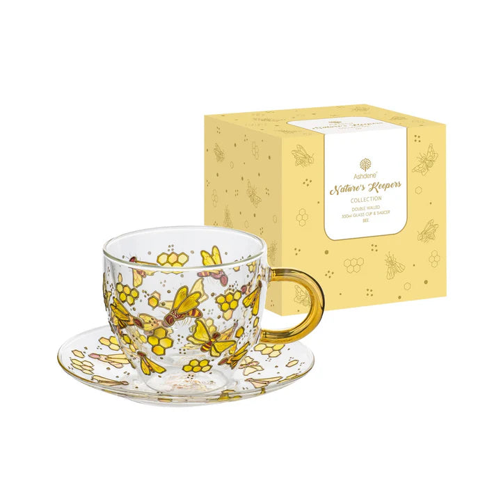 Natures Keepers Bee Double Walled Glass Cup & Saucer