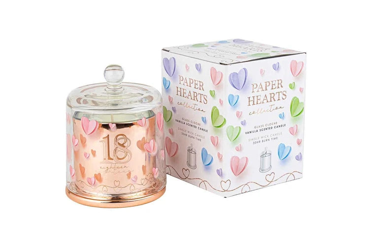 18th Paper Hearts Candle with Glass Cloche | Vanilla Scent