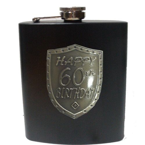 60TH SILVER SHIELD BADGE MATT BLACK STAINLESS STEEL FLASK - BOXED 190ML