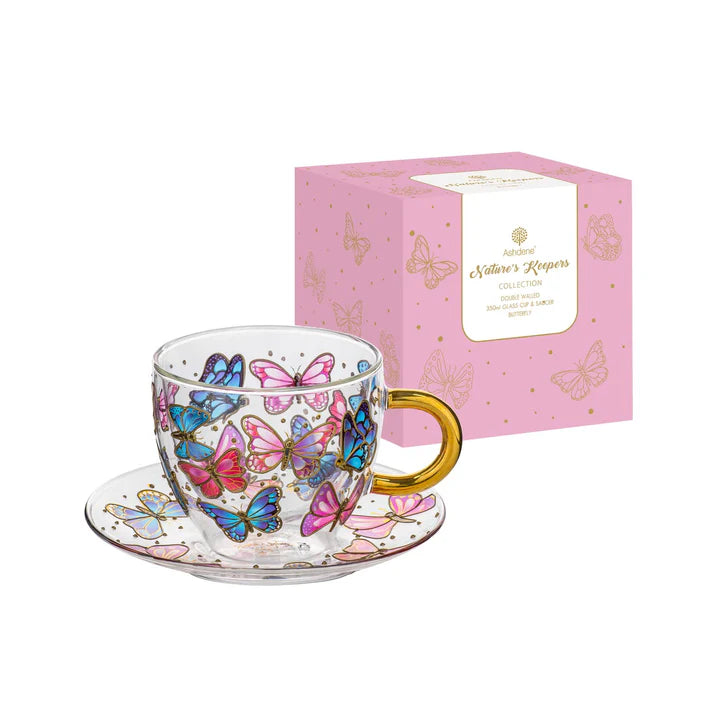 Natures Keepers Butterfly Double Walled Glass Cup & Saucer