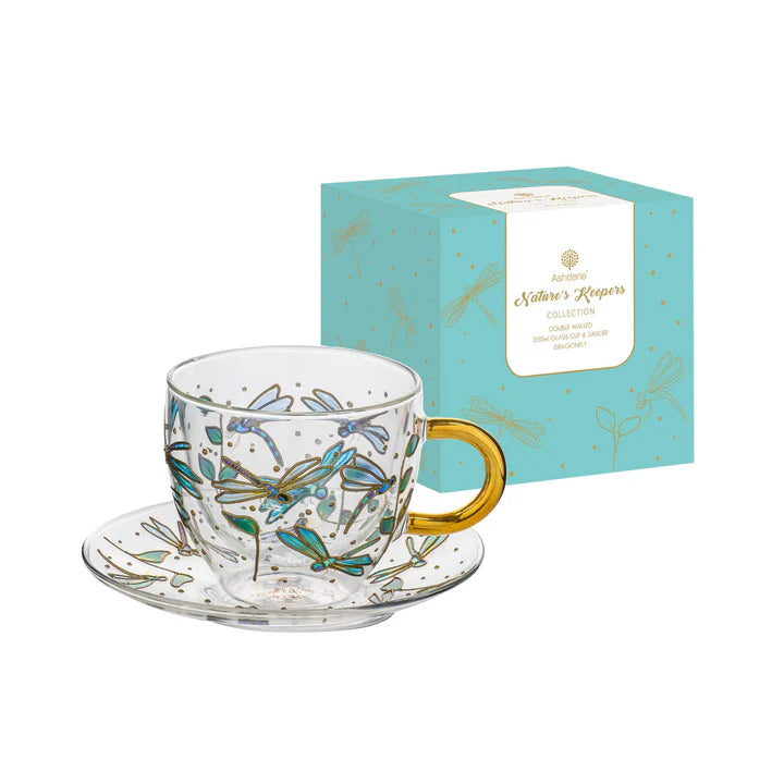 Natures Keepers Dragonfly Double Walled Glass Cup & Saucer