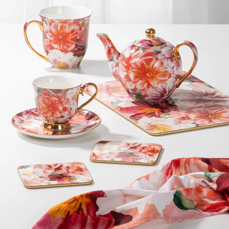 Bold Blooms Peach Peony Teapot & 2 Teacup Set
