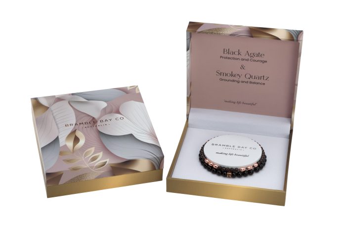 Black Agate and Smokey Quartz Rose Gold Bracelet | Bramble Bay Co