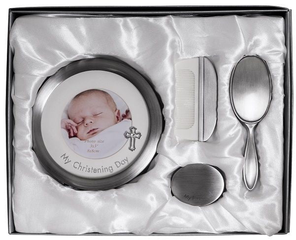 SET CHRISTENING DAY FRAME BRUSH COMB CURL - PEWTER