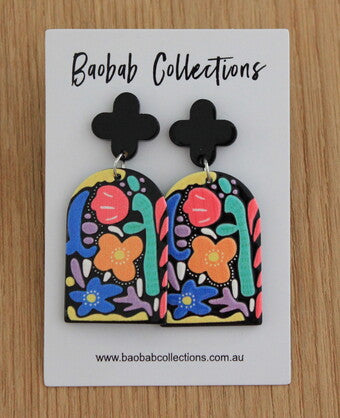 Artsy Earring: Black with Colourful Floral Bell Drop