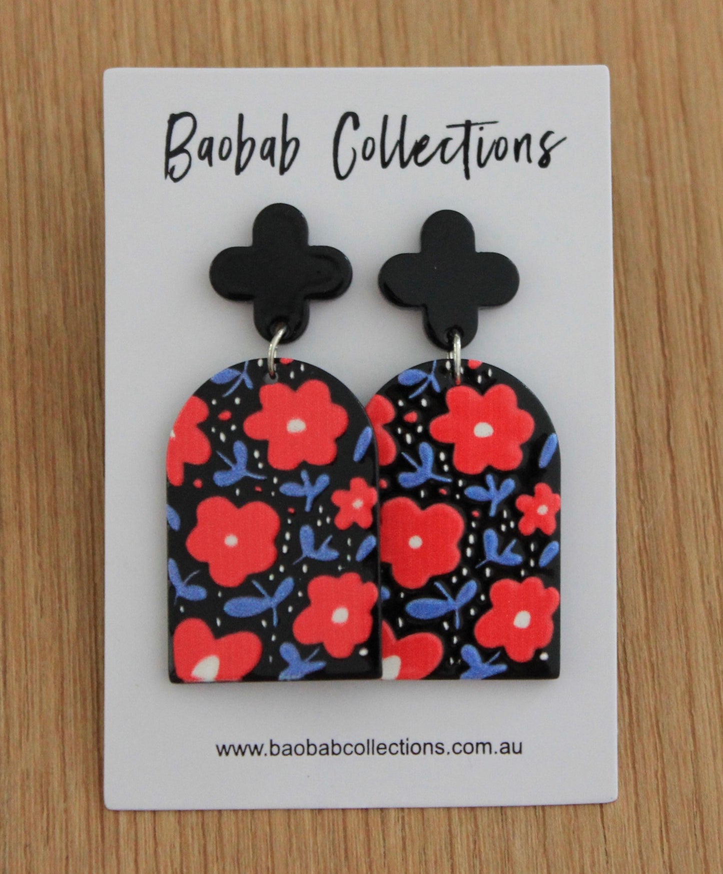 Artsy Earring: Black with Red Floral Bell Drop