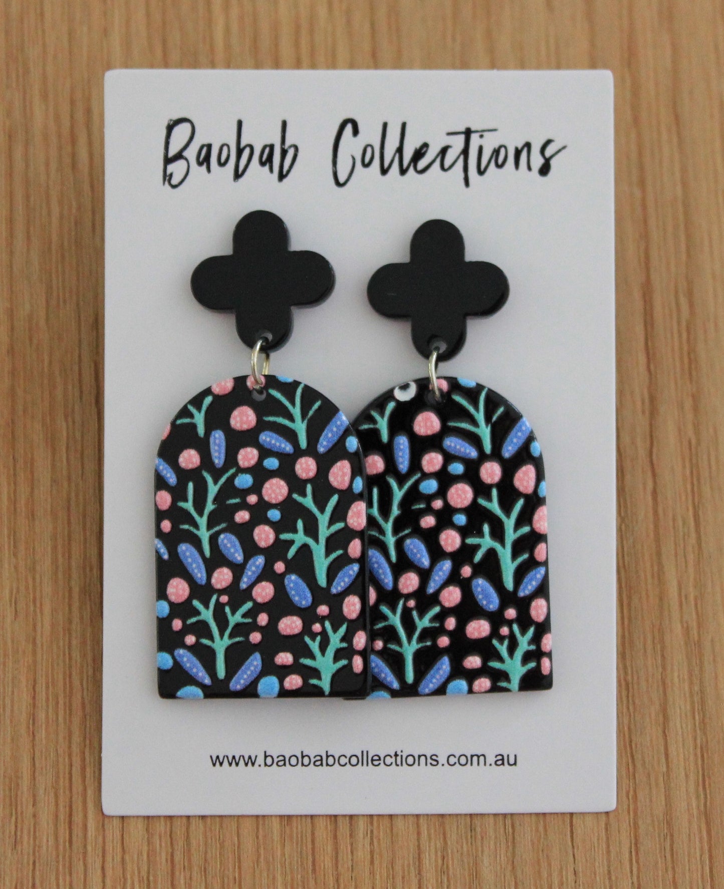 Artsy Earring: Black with Pink, Blue & Mint Floral Bell Drop
