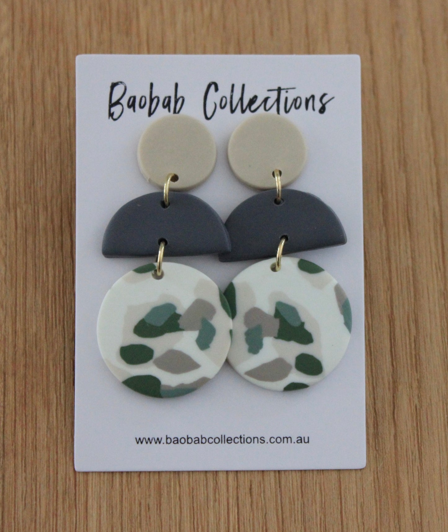 Emerald Camo Earring: 3pc Drop, Cream, Charcoal & Emerald Circular Drop