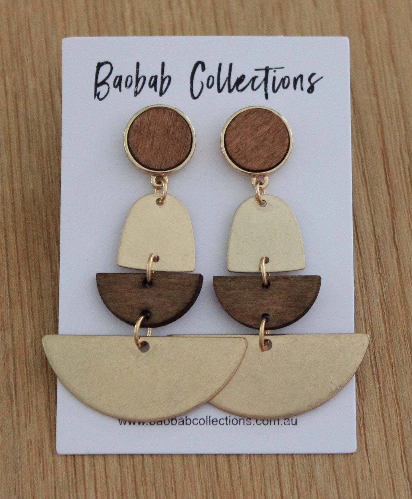 Gilded Earring: 4pc Drop, Wood & Gold Half Moon Drop