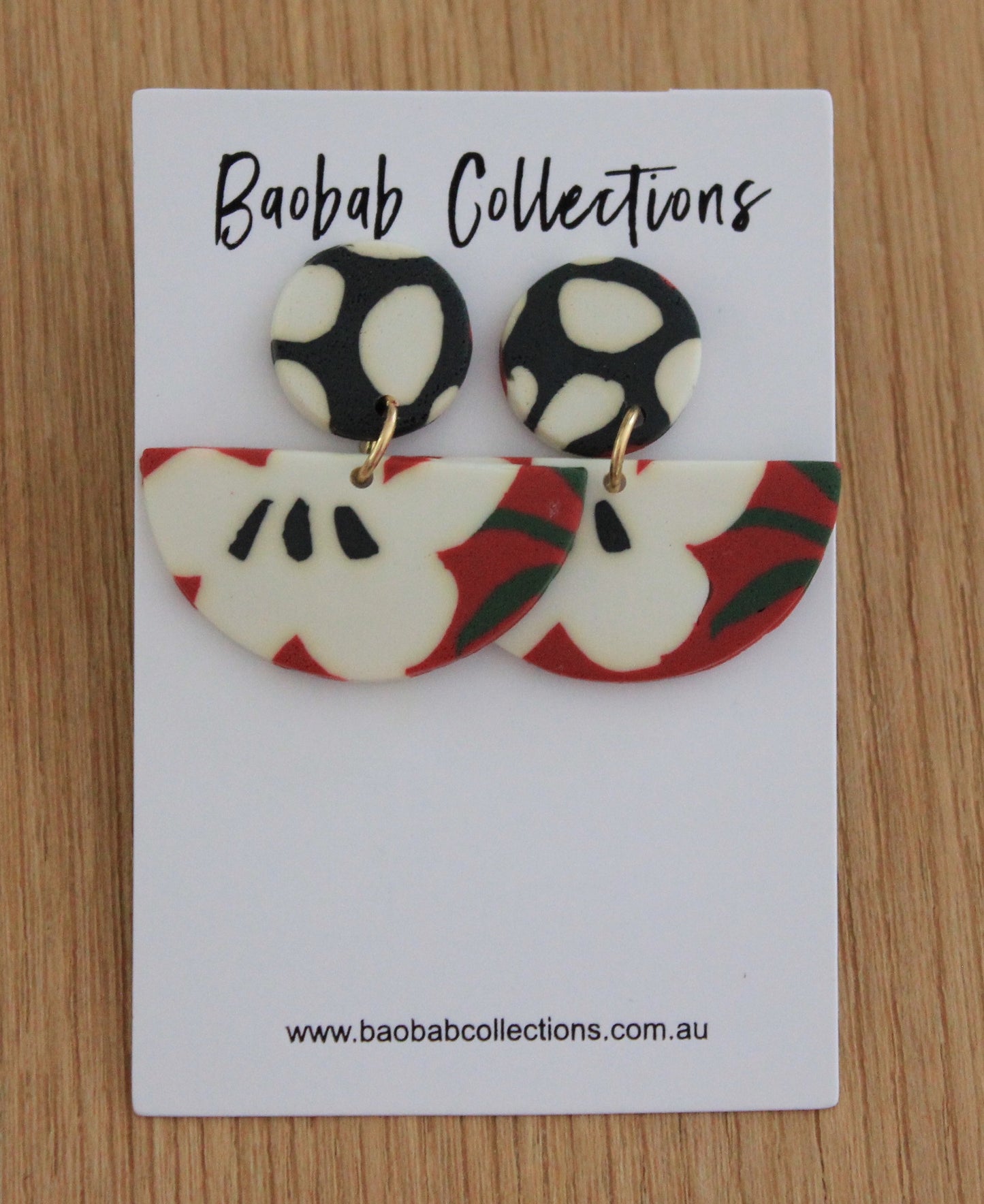 Lady Bug Earring: Red Black & White Half Moon Drop