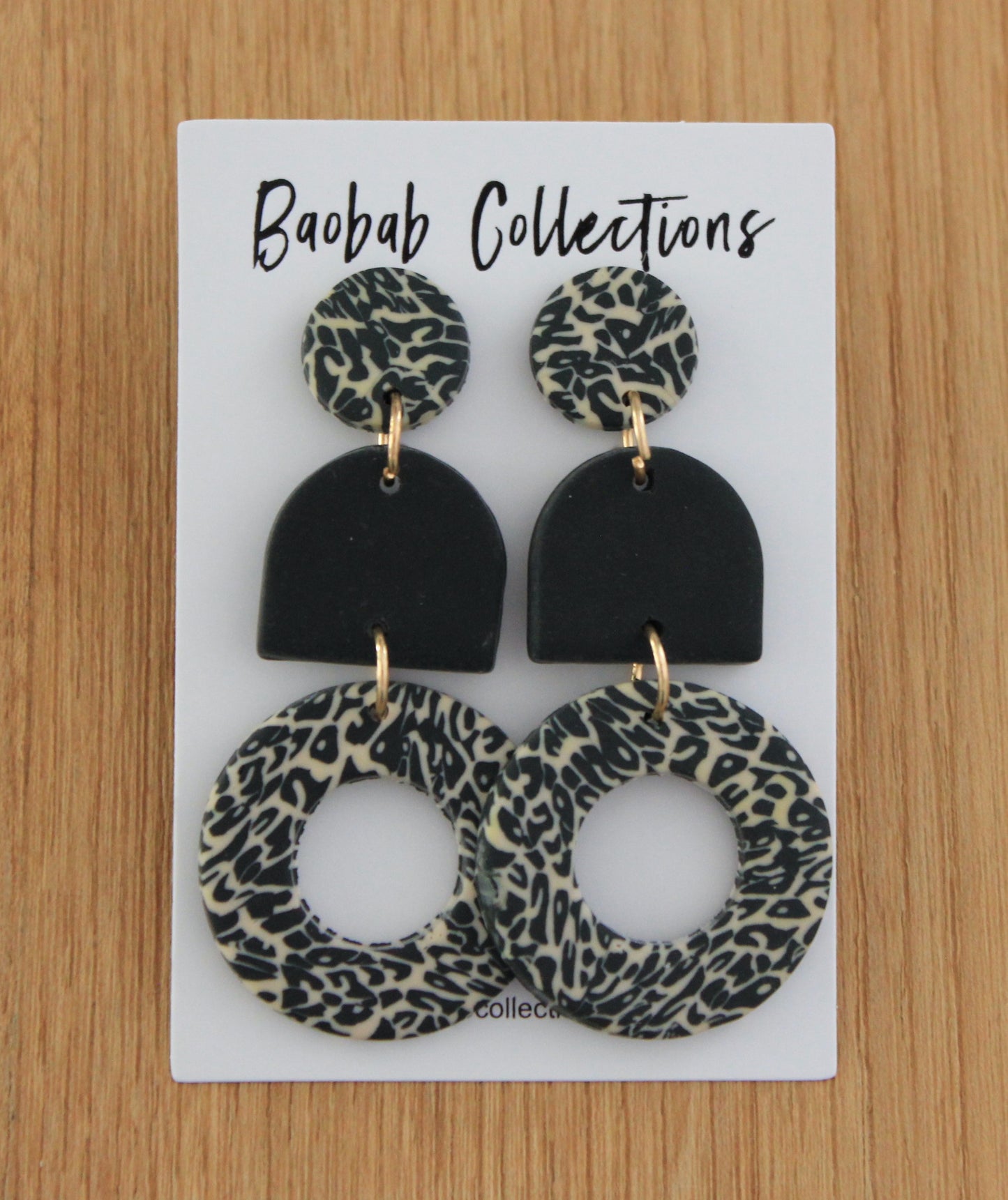 Leopard Earring: Leopard Drop with Black Bell & Circular Leopard Drop