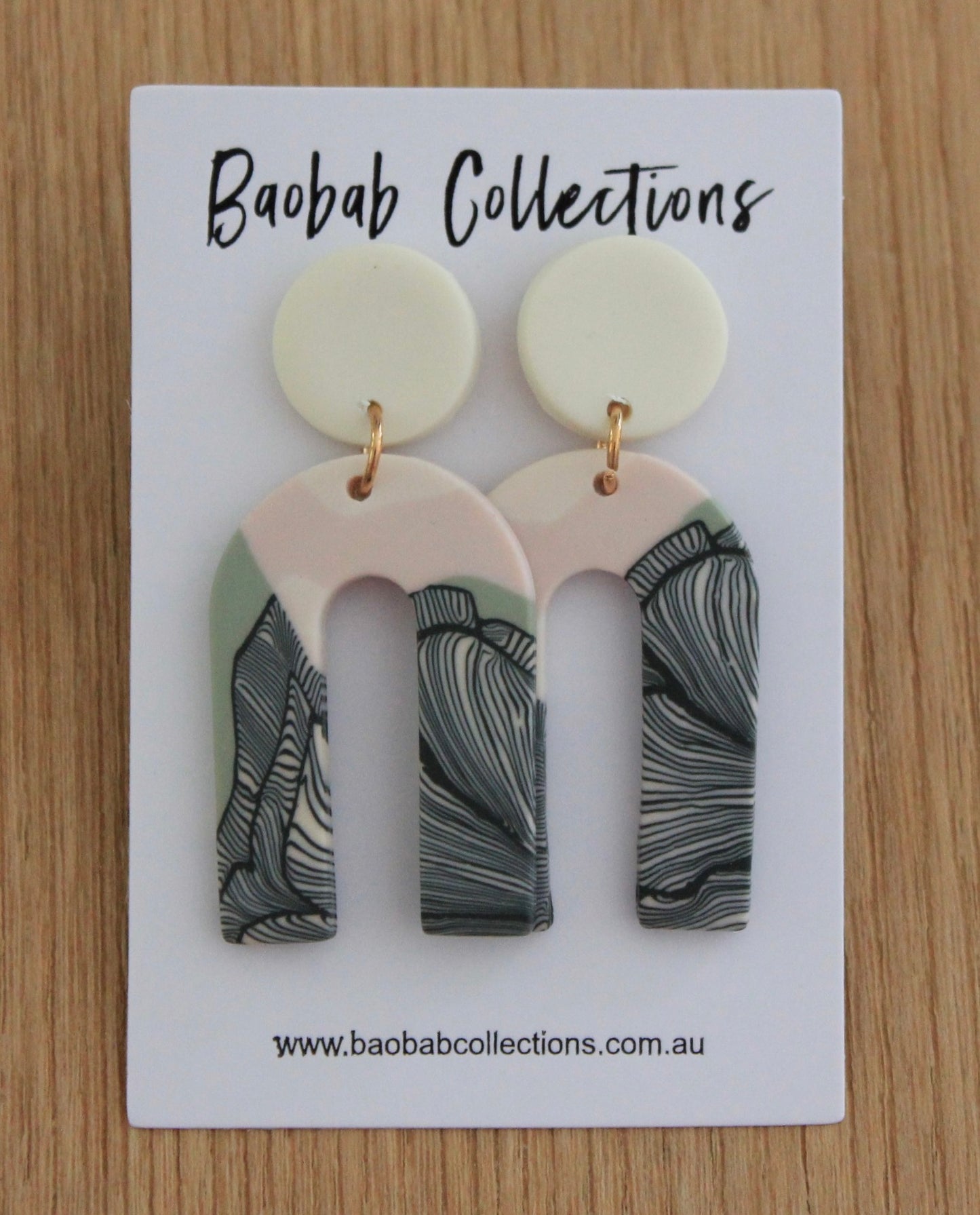 Sketch Earring: Horseshoe Drop, Soft Pink & Mint w/ Navy Floral Sketches