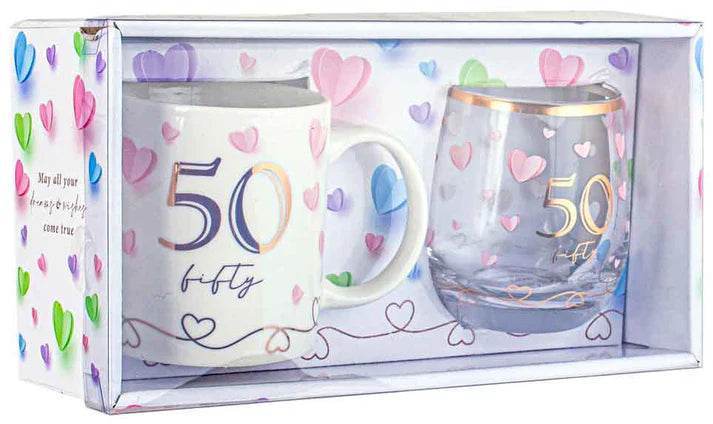 Birthday Mug and Stemless Wine Glass Set - 50th