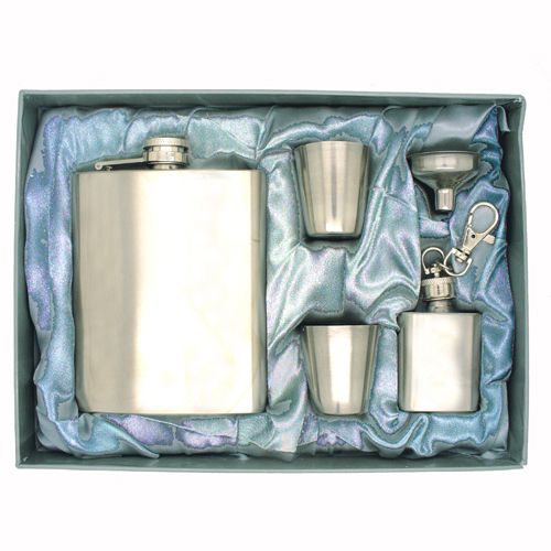 SATIN FLASK SET + FUNNEL, 2 CUPS & MINI FLASK IN SATIN LINED BOX