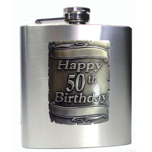 50TH SILVER SQUARE BADGE - SATIN - STAINLESS STEEL FLASK - 190ML - BOXED
