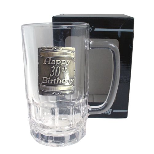30TH SILVER SQUARE BADGE BEER MUG GLASS - GIFT BOX 500ML