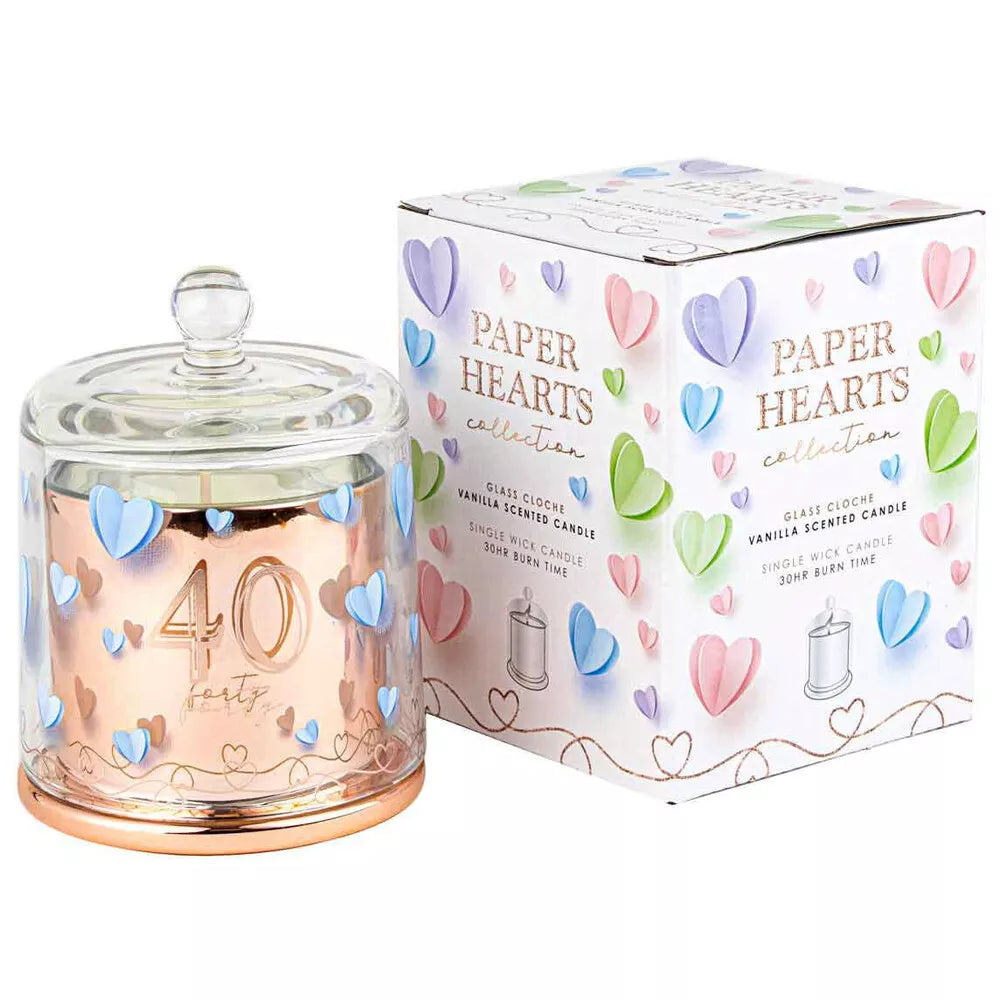 40th Paper Hearts Candle with Glass Cloche | Vanilla Scent