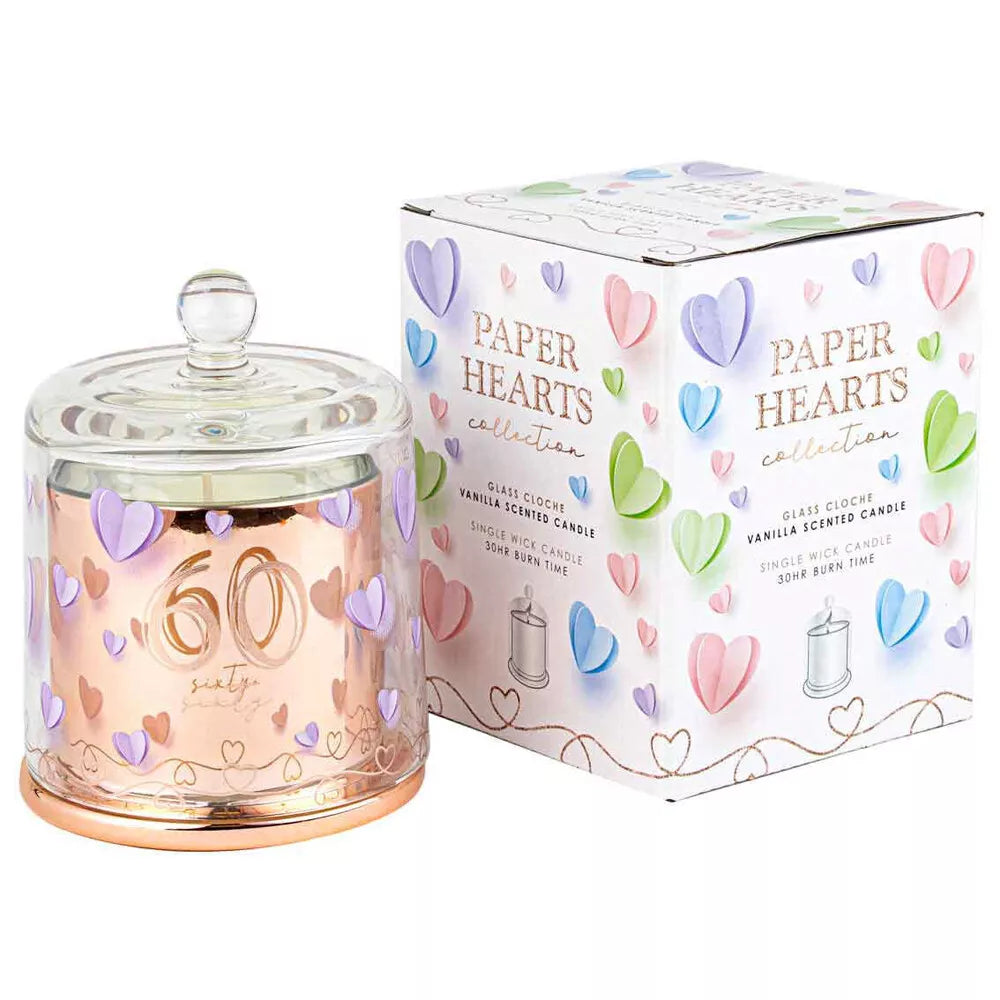 60th Paper Hearts Candle with Glass Cloche | Vanilla Scent