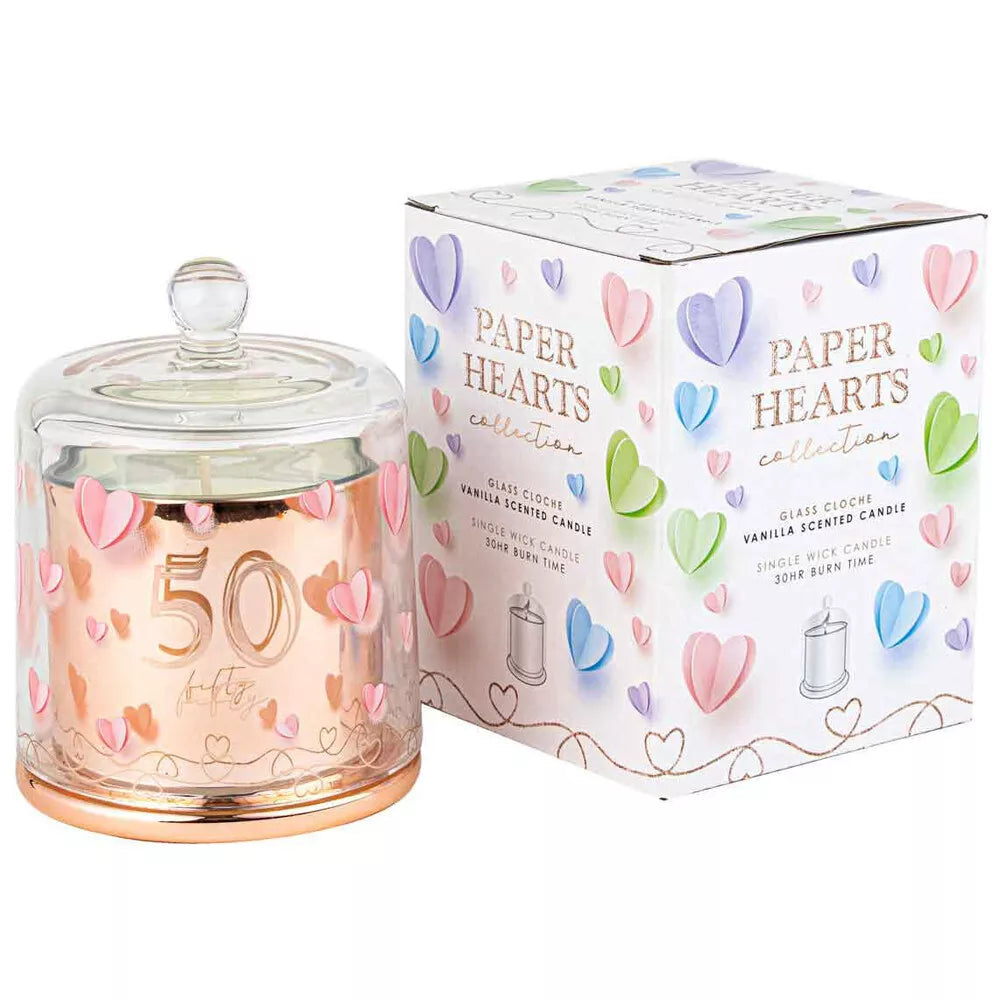50th Paper Hearts Candle with Glass Cloche | Vanilla Scent