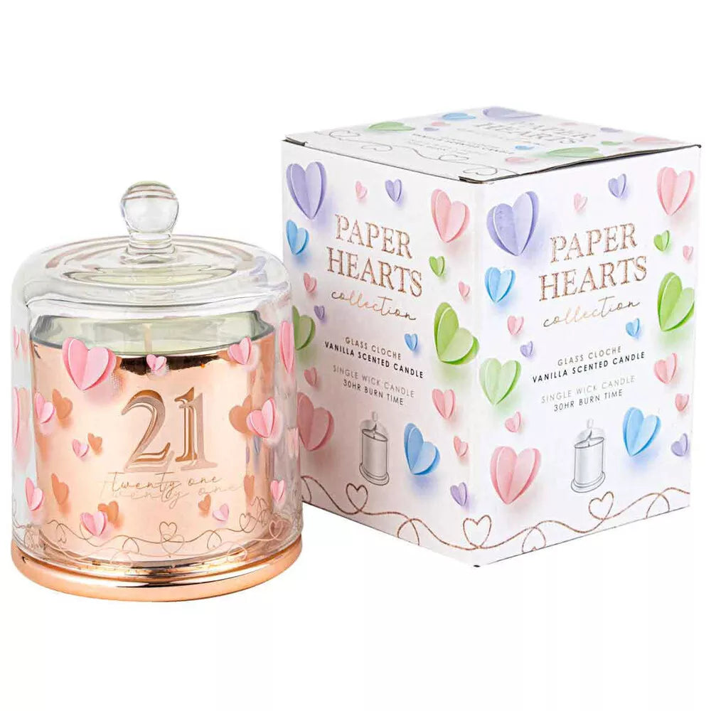 21st Paper Hearts Candle with Glass Cloche | Vanilla Scent