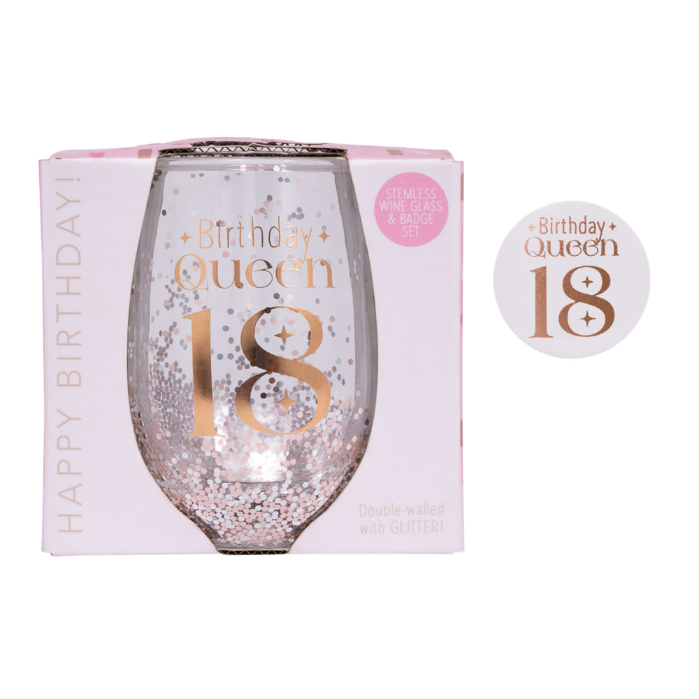 Celebration 18th Birthday Glitter Stemless Glass & Badge Set | Splosh