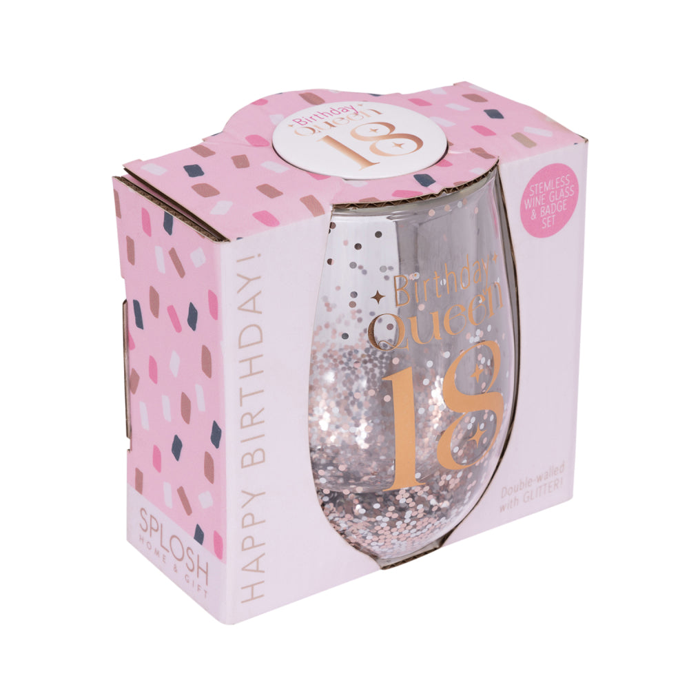 Celebration 18th Birthday Glitter Stemless Glass & Badge Set | Splosh