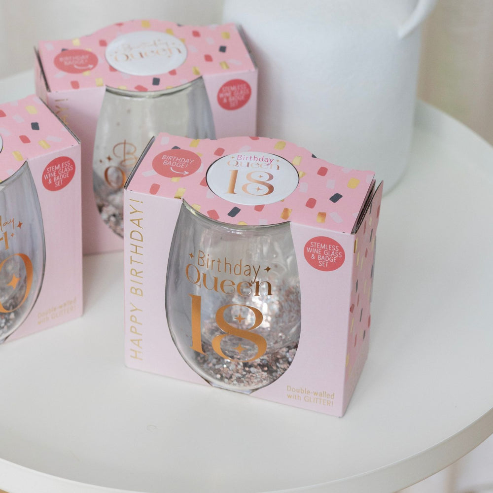 Celebration 18th Birthday Glitter Stemless Glass & Badge Set | Splosh