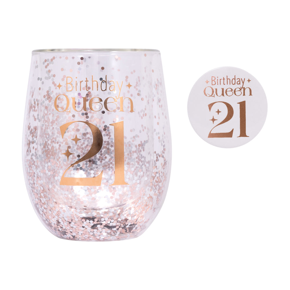 Celebration 21st Birthday Glitter Stemless Glass & Badge Set | Splosh
