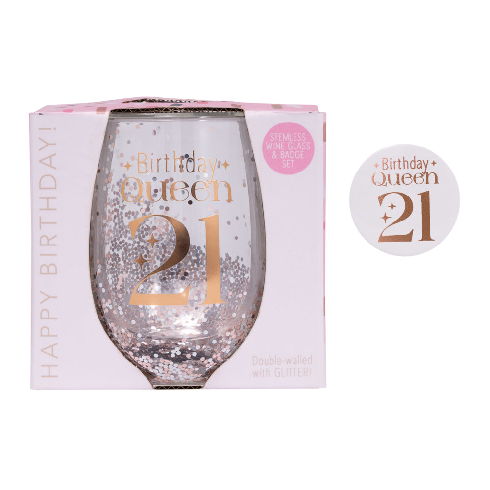 Celebration 21st Birthday Glitter Stemless Glass & Badge Set | Splosh