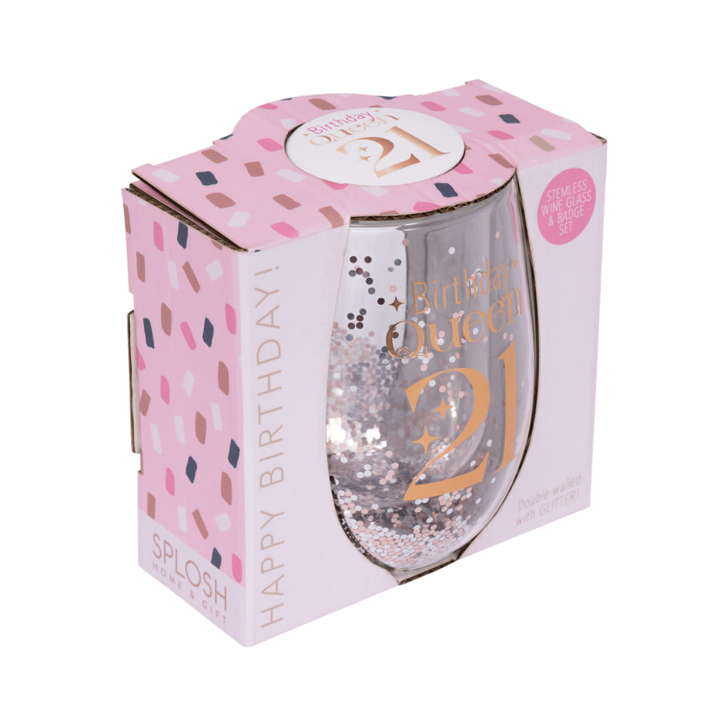 Celebration 21st Birthday Glitter Stemless Glass & Badge Set | Splosh
