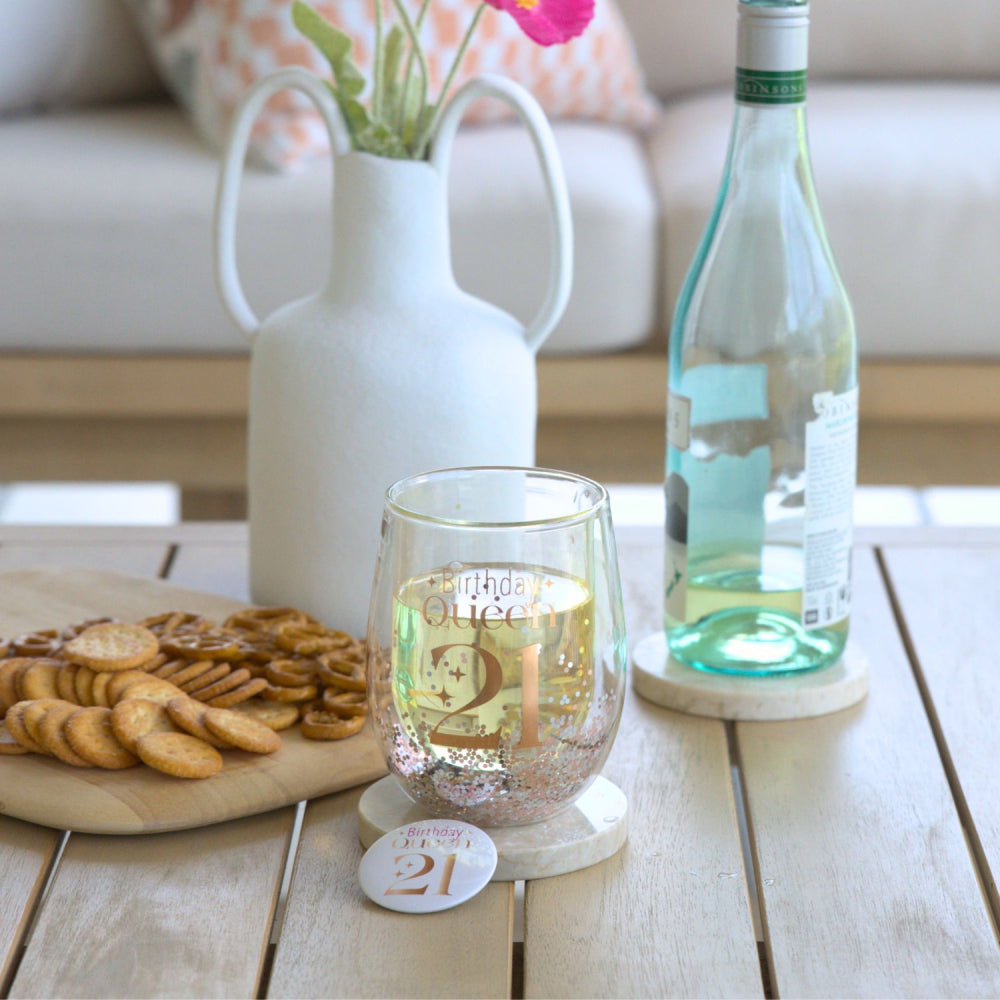Celebration 21st Birthday Glitter Stemless Glass & Badge Set | Splosh