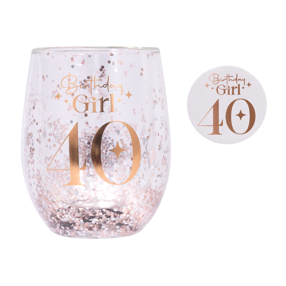 Celebration 40th Birthday Glitter Stemless Glass & Badge Set | Splosh