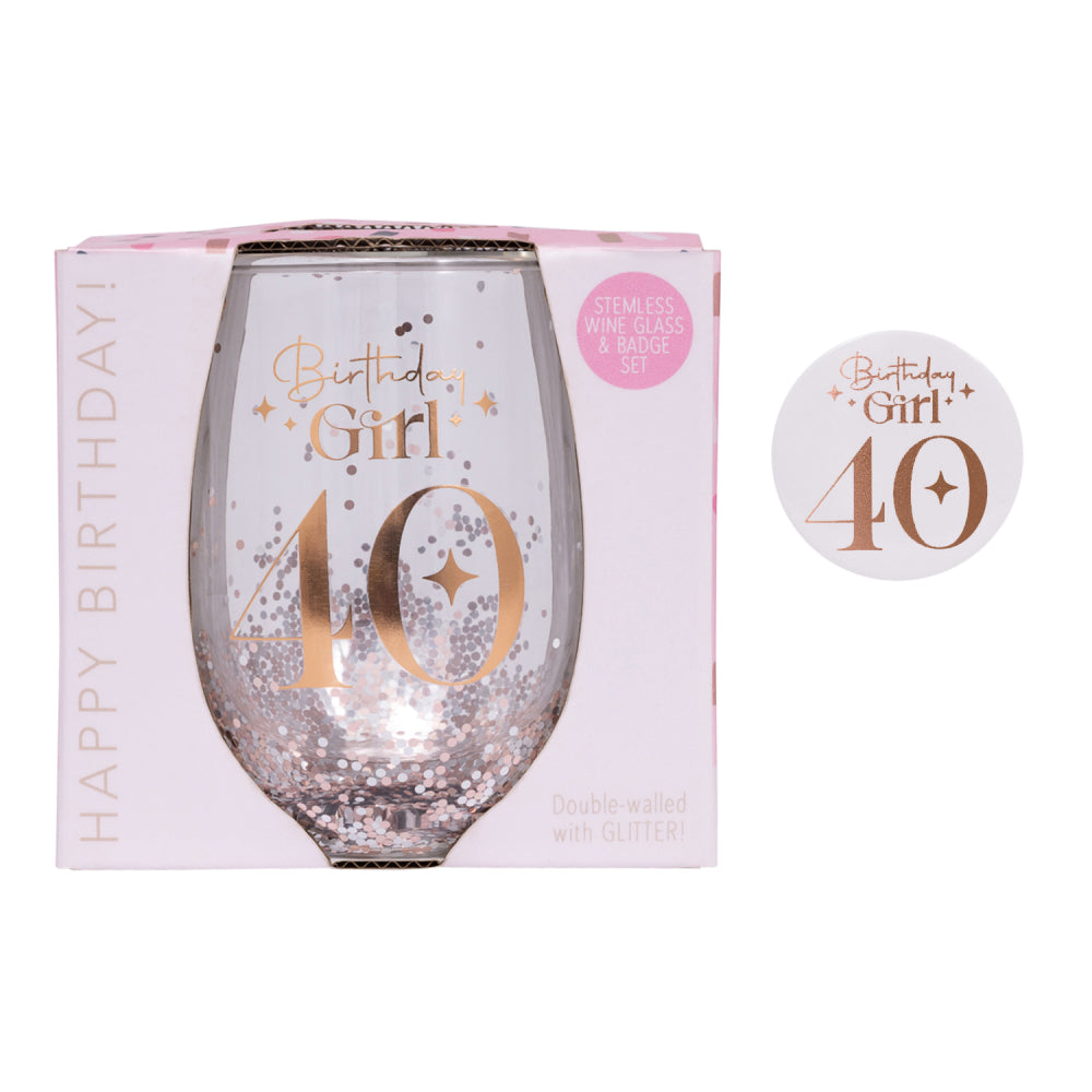 Celebration 40th Birthday Glitter Stemless Glass & Badge Set | Splosh