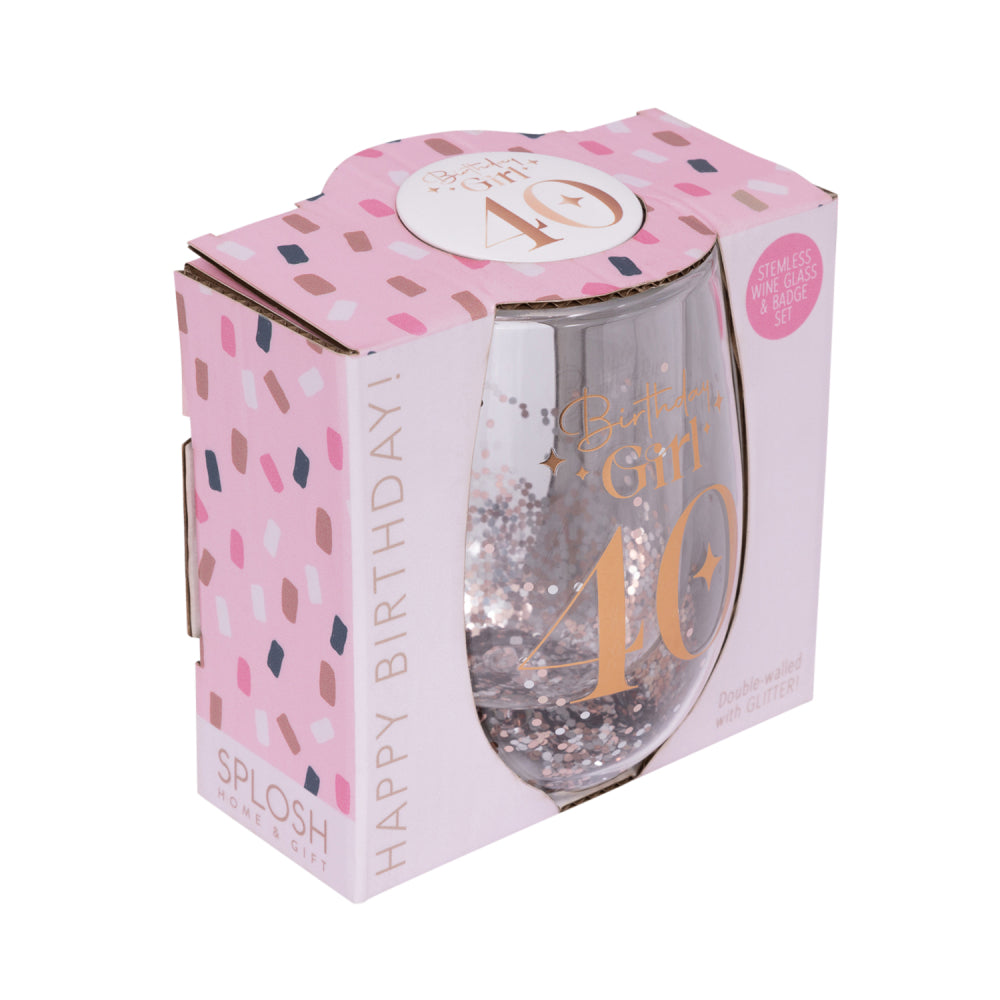 Celebration 40th Birthday Glitter Stemless Glass & Badge Set | Splosh