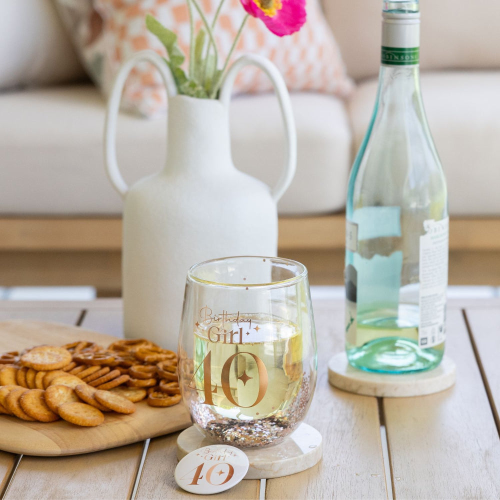 Celebration 40th Birthday Glitter Stemless Glass & Badge Set | Splosh