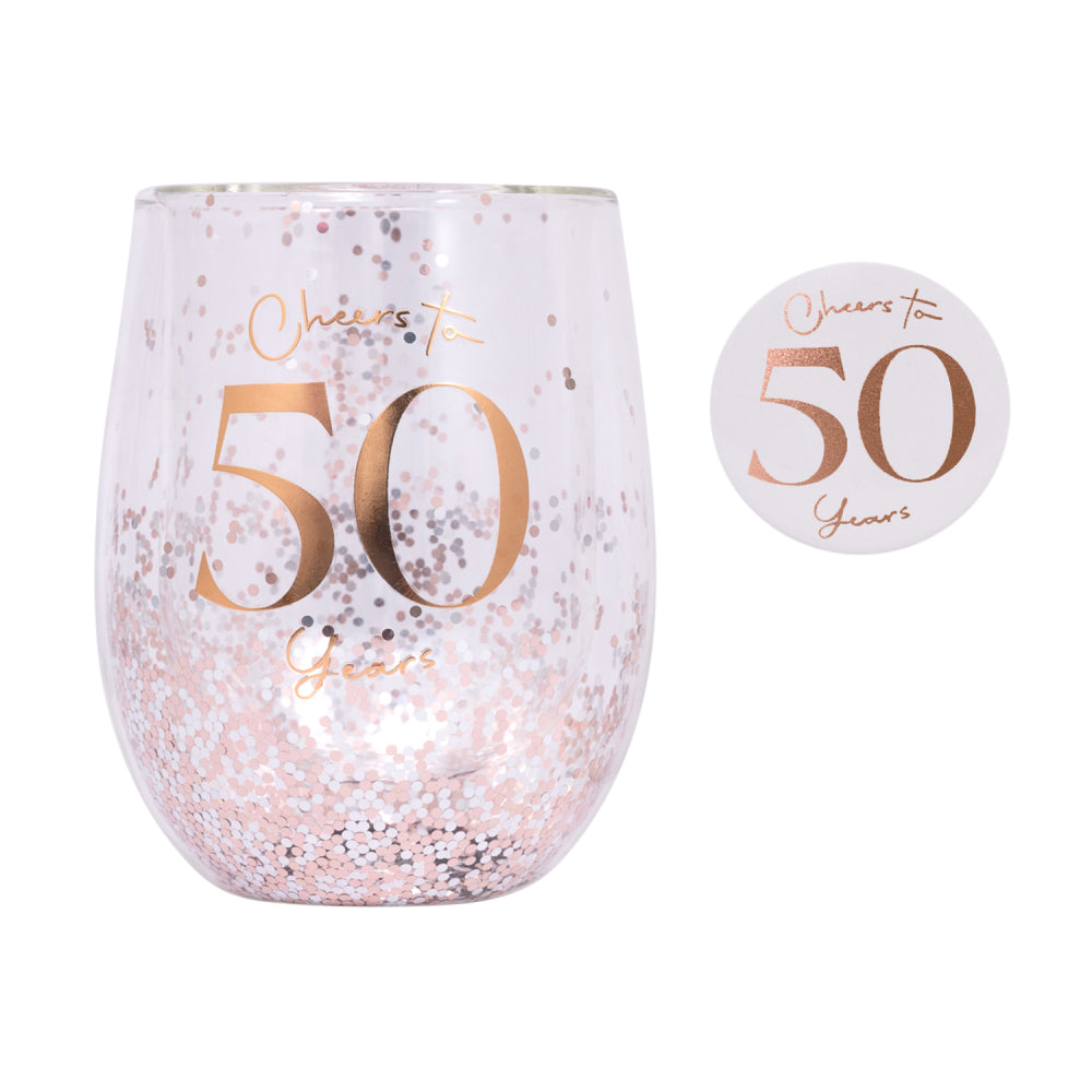 Celebration 50th Birthday Glitter Stemless Glass & Badge Set | Splosh
