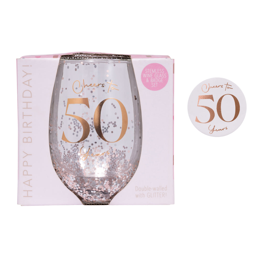 Celebration 50th Birthday Glitter Stemless Glass & Badge Set | Splosh