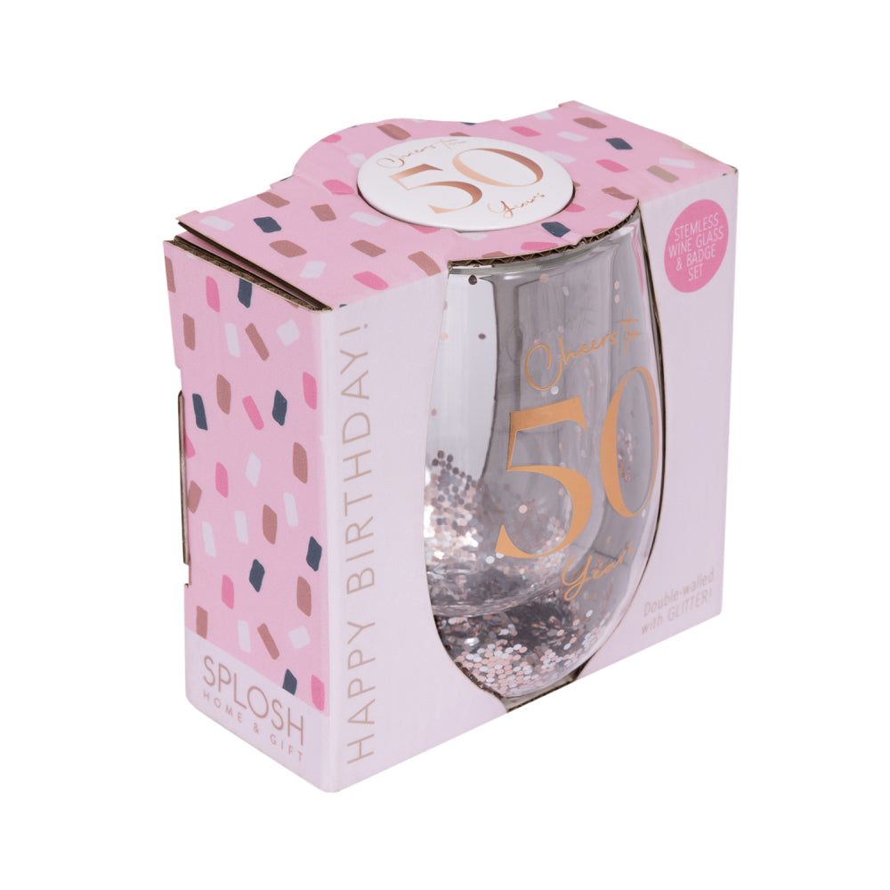 Celebration 50th Birthday Glitter Stemless Glass & Badge Set | Splosh