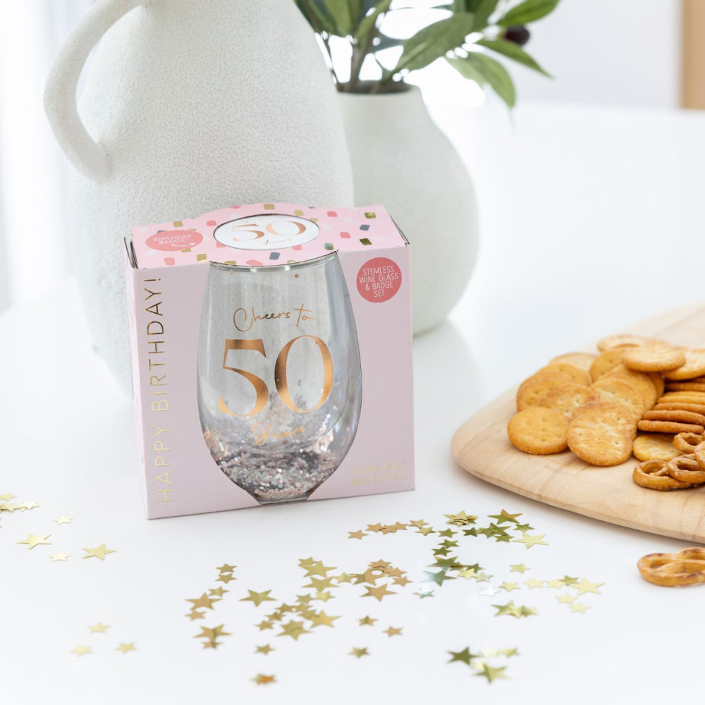 Celebration 50th Birthday Glitter Stemless Glass & Badge Set | Splosh