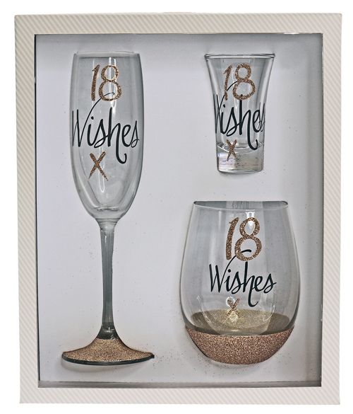 18 Wishes Stemless, Shot, Flute Glassware Gift Pack