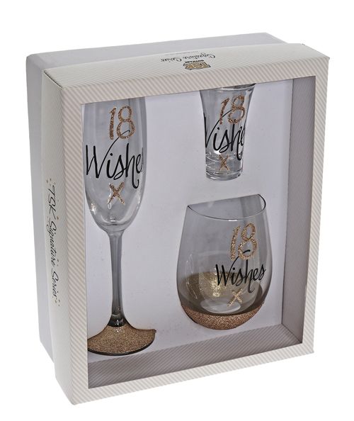 18 Wishes Stemless, Shot, Flute Glassware Gift Pack