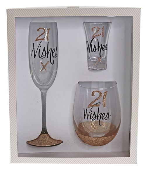 21 Wishes Stemless, Shot, Flute Glassware Gift Pack