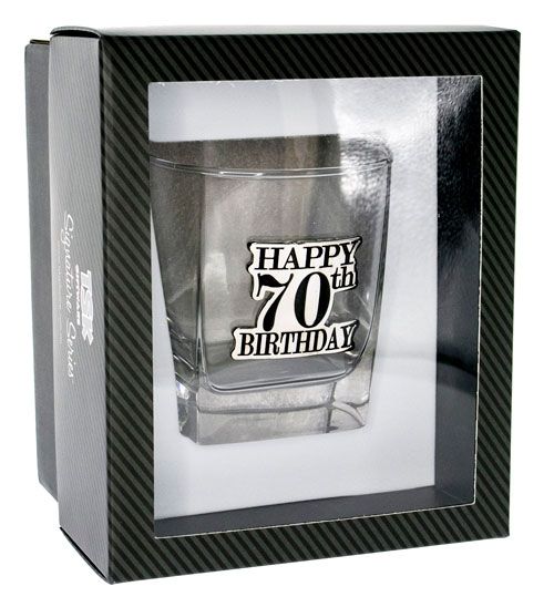 Happy 70th Badge Scotch Glass Gift Box
