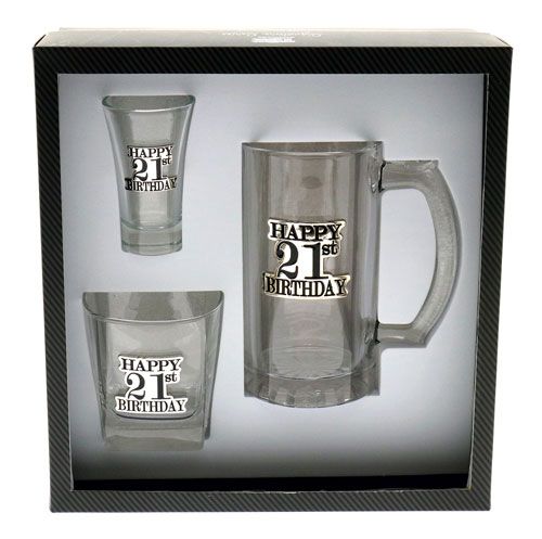 21st Birthday Badged Scotch, Shot and Stein Glassware Gift Pack